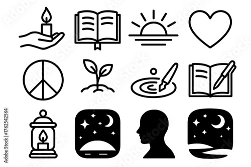 Candlelight Spirit – Hope & Reflection outline icon set: lit candle in hand, book of reflections, sunrise horizon, heart outline, peace symbol, leaf sprout, water ripple, open