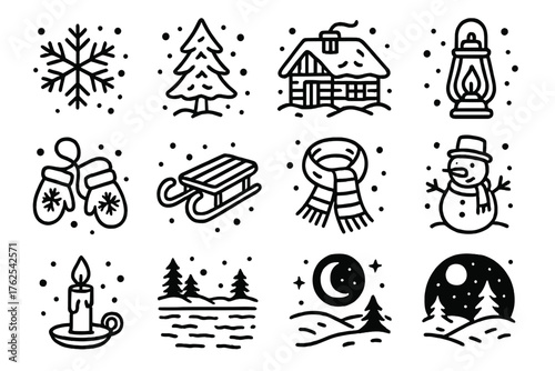 Winter Snowfall Cozy Landscape Style outline icon set: snowflake, pine tree, cabin, lantern, snow-covered roof, mittens, sled, scarf, snowman, candle, frozen lake, moonlit sky.