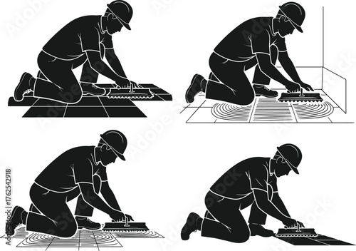 Cabinet assembly illustration, construction worker, power drill, screwdriver use, wall cabinet, safety helmet, carpentry process, furniture installation, repair work, training skills