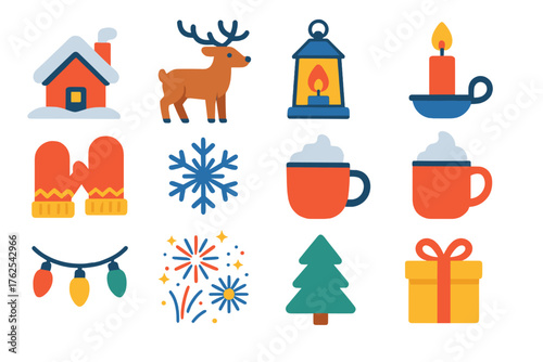 Winter Celebration flat icons: snowy cabin, reindeer, lantern, candlelight, mittens, snowflake, cozy drink, garland, fireworks, pine tree, wrapped gift, festive star.