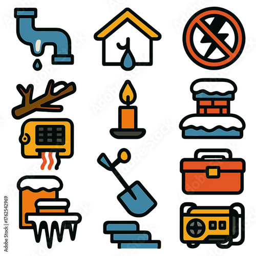 Winter Hazards Home — Warm Flat Icons silhouette set: frozen pipe, leaking roof, power outage, fallen branch, heater, blocked vent, snow-covered chimney, candlelight, icy steps,