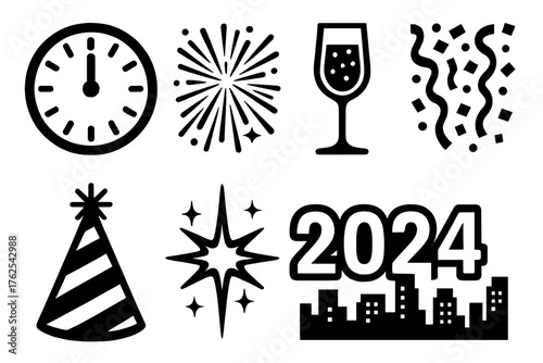 New Year Countdown — Midnight moments silhouette set: clock striking twelve, fireworks burst, champagne glass, confetti shower, party hat, sparkling star, glowing numbers, city