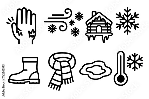 Extreme Cold outline icon set: frostbite warning, snowstorm wind, frozen cabin, icy pattern, winter boots, thick scarf, frozen puddle, thermometer icon.