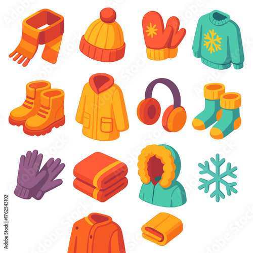 Winter Apparel Cozy Essentials Style flat isometric set: wool scarf, knitted hat, mittens, sweater, boots, coat, earmuffs, thick socks, gloves, blanket, parka hood, snowflake.