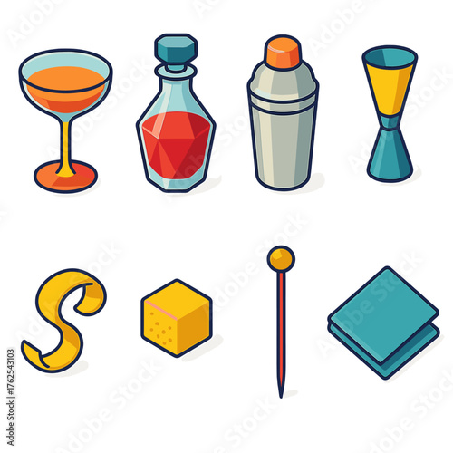 New Year’s Eve Toast — Elegant barware flat isometric set: coupe glass, crystal decanter, cocktail shaker, jigger, citrus twist, sugar cube, cocktail pick, linen napkin.