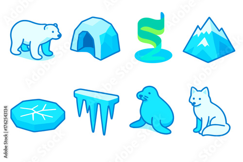 Arctic Blasts — Frozen world flat isometric set: polar bear, ice cave, northern lights, snow-covered mountain, frozen lake, icicle cluster, seal, arctic fox.