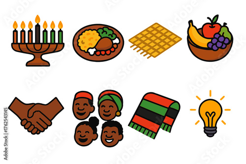 Kwanzaa Unity Family Gathering flat isometric set: kinara candles, shared meal, woven mat, fruit bowl, hands joined, joyful faces, traditional cloth, warm light.