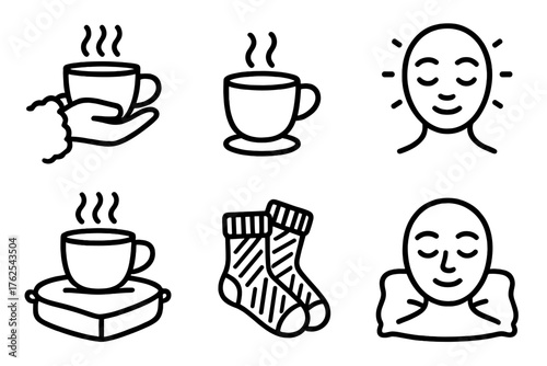 Cup in Hand outline icon set: tea cup, fuzzy sleeves, soft steam, glowing background, wool socks, cushion seat, calm face, serene warmth.