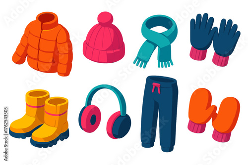 Snow Day Outfits Winter Essentials flat isometric set: puffer jacket, knit beanie, wool scarf, thermal gloves, snow boots, earmuffs, fleece pants, mittens.