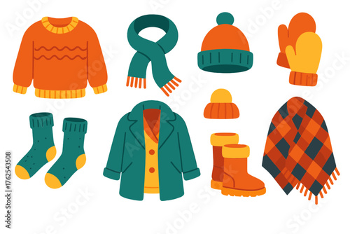 Cozy Layers Winter Apparel flat icons: knit sweater, wool scarf, beanie hat, mittens, fuzzy socks, layered coat, boots, plaid shawl.