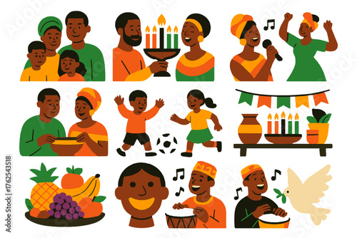 Kwanzaa Stories Celebration — Vibrant Flat Vector flat icons: family gathering, lighting kinara, singing, dancing, sharing meal, children playing, colorful decor, fruit platter,