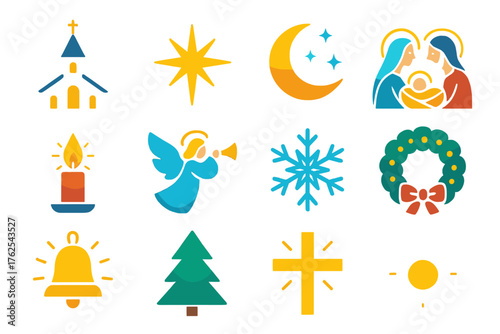 Christmas Midnight flat icons: church silhouette, shining star, moon, nativity figures, candlelight, angel, snowflake, wreath, bell, pine tree, cross, glow.