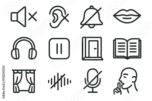 Sound silence outline icon set: muted speaker, ear with cross, bell with slash, closed mouth, headphones, pause button, quiet room, library book, curtain, soundwave off, microphone