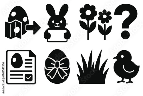 Easter Quiz silhouette set: egg hunt clues, bunny holding card, blooming flowers, question symbol, quiz sheet, ribbon egg, spring grass, tiny chick.