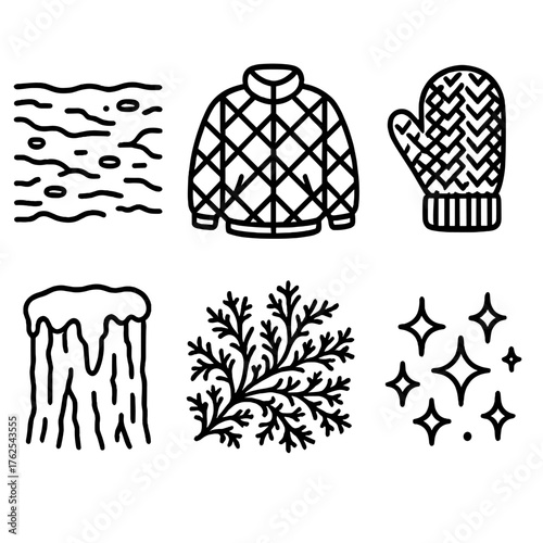 Winter Textures outline icon set: icy ground, quilted jacket, wool mitten, snow-covered bark, frost lace, shimmer.