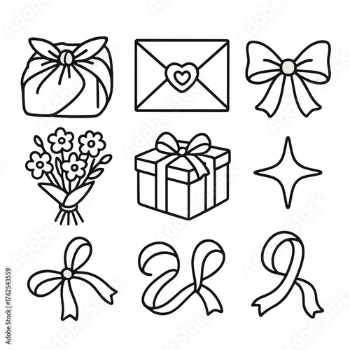 Wrapped Love — romantic line art outline icon set: fabric wrap, wax seal heart, folded paper, delicate bow, flower bunch, gift box, glowing star, soft ribbon.