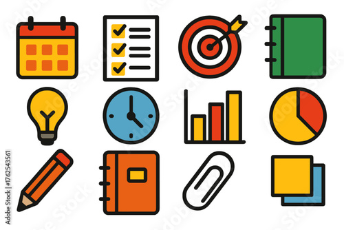 2026 Planning Goals — Bright Flat Icons silhouette set: calendar, checklist, target board, notebook, light bulb, clock, bar chart, pie chart, pencil, planner book, paperclip,