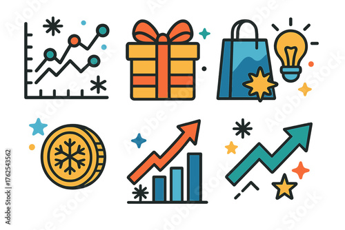 Winter Market Trends — stylish line art flat icons: seasonal graph, decorated gift, shopping bag, lightbulb idea, festive coin, data arrow, snowflake, star accent.