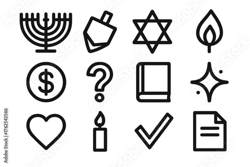 Hanukkah Quiz Minimal Line Icons silhouette set: menorah outline, dreidel, star, flame, coin, question mark, book, sparkle, heart, candle, checkmark, paper sheet.