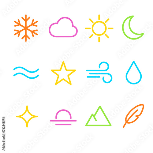 Frozen Skies Minimal Line Icons flat icons: snowflake outline, cloud, sun, moon, wave line, star, wind swirl, droplet, sparkle, horizon line, mountain, feather.