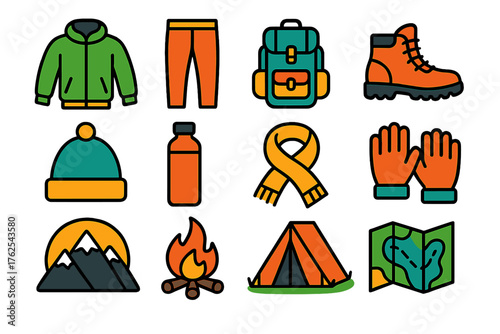Fleece Essentials Outdoor — Vibrant Flat Vector outline icon set: hiking jacket, thermal pants, backpack, trail boots, snow cap, water bottle, scarf, gloves, mountain peak,