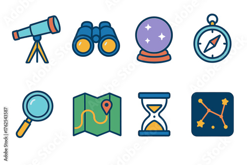 Foresight Tools flat icons: telescope, binoculars, crystal ball, compass, magnifying glass, map with route, hourglass, star chart.