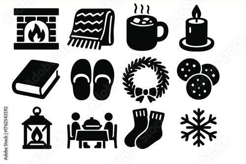 Cozy Traditions silhouette set: fireplace, knitted blanket, hot cocoa, candle, book, slippers, pine wreath, cookies, lantern, family dinner, warm socks, snowflake.