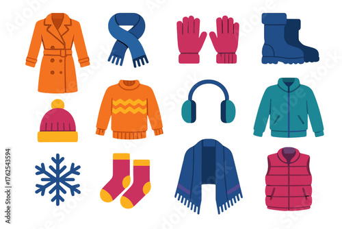 Winter Fashion flat icons: trench coat, scarf, gloves, winter boots, knit hat, sweater, earmuffs, jacket, snowflake, socks, vest, warm shawl.