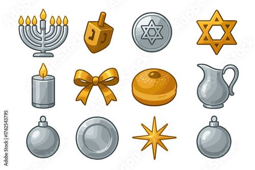 Hanukkah Festivities Modern Metallic flat icons: silver menorah, gold flame, bronze dreidel, chrome coin, metallic star, glass candle holder, shimmer ribbon, glossy donut, crystal