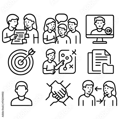 Student Collaboration outline icon set: project collaboration, student discussion, group planning, shared notes, video call icon, goal chart, teamwork hand icon, file sharing.