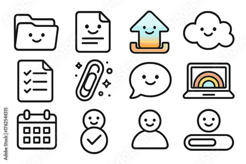 Whimsical Homework Submission outline icon set: cartoon folder, smiling document, colorful upload arrow, doodle checklist, playful cloud, confetti paperclip, cheerful message