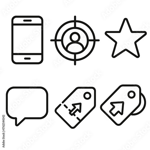 Personalized Ads outline icon set: smartphone, target, user silhouette, star, chat bubble, coupon tag.