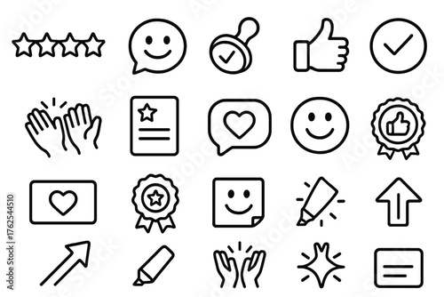 Positive Feedback Icons outline icon set: star rating, smiling chat bubble, approved stamp, like button, applause icon, recommendation paper, compliment speech bubble, verified