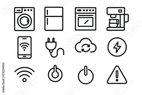 Connected Appliances outline icon set: washing machine, refrigerator, oven, coffee maker, dishwasher, app control, plug, cloud sync, energy meter, Wi-Fi signal, power switch, alert