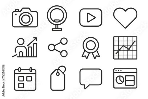 Modern Influencer Tools outline icon set: gradient camera, minimalist ring light, sleek video icon, clean heart, structured follower chart, geometric share arrow, elegant badge,
