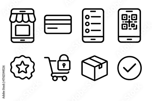 Mobile Commerce outline icon set: store app, credit card, product list, QR code payment, coupon badge, secure checkout, delivery box, success checkmark.