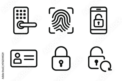 Keyless Entry outline icon set: door handle, keypad icon, fingerprint scan, smartphone app, access card, unlock symbol.