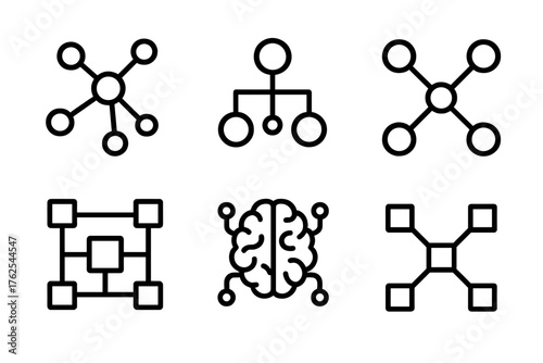 Knowledge Representation outline icon set: semantic network, ontology graph, knowledge base, AI brain, relation nodes, data links.