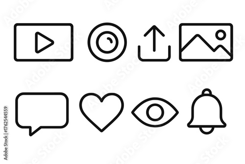 Video Sharing outline icon set: play button, camera lens, upload arrow, thumbnail frame, comment bubble, like heart, view counter, subscribe bell.