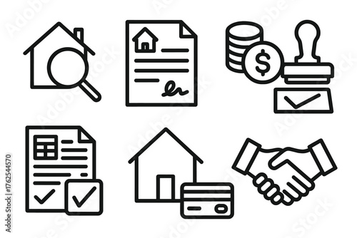 Mortgage Solutions outline icon set: home appraisal, contract file, stack of coins, approval stamp, payment plan, house outline, bank card, agreement icon.