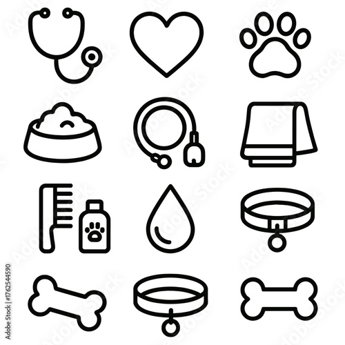 Animal Care outline icon set: stethoscope, heart, paw print, brush, food bowl, leash, water droplet, towel, comb, shampoo, collar, bone.