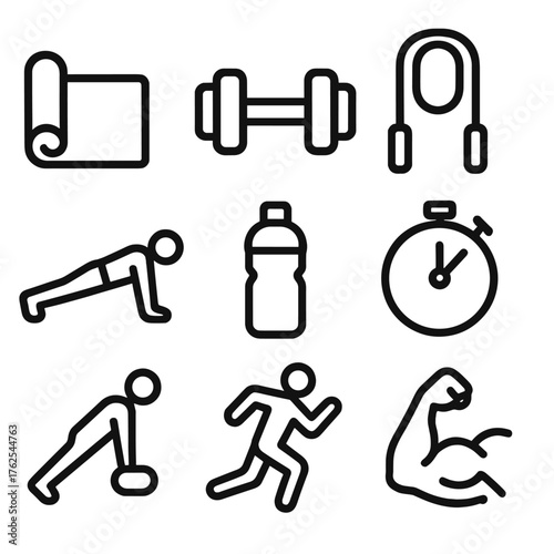 Fitness Routines outline icon set: exercise mat, dumbbell, jump rope, timer icon, push-up pose, water bottle, running figure, muscle arm.