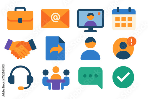 Professional Communication flat icons: briefcase, email icon, video conference, calendar invite, handshake, document share, profile avatar, notification, headset, meeting table,