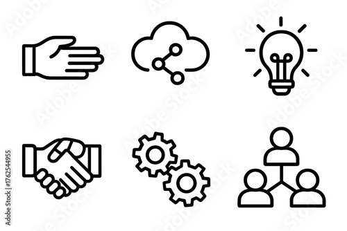 Collaborative Intelligence outline icon set: human hand, robot hand, shared data cloud, teamwork gears, innovation lightbulb, cooperation network.