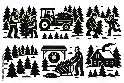 Christmas Tree Farm Scenes silhouette set: families picking trees, tractor hauling pines, bundled workers sawing trees, children playing in snow, rows of evergreens, wreath shop