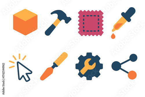 Customization flat icons: 3D cube, hammer, fabric swatch, dropper tool, selection cursor, palette knife, tinker icon, abstract nodes.