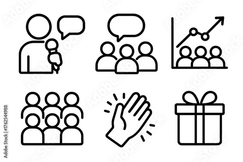 Host & Audience outline icon set: presenter microphone, audience group, speech bubble, engagement chart, applause icon, gift box.