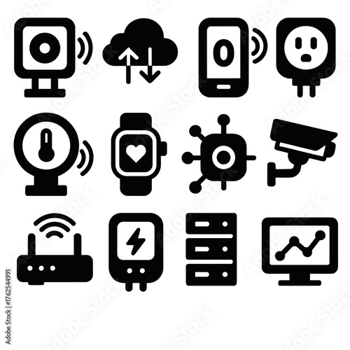 Connected Technology silhouette set: smart sensor, data cloud, mobile app, smart plug, thermostat, wearable band, hub device, security camera, Wi-Fi router, energy meter, server