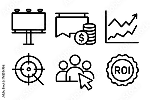 Ad Management outline icon set: billboard, ad banner, budget coin stack, performance chart, targeting crosshair, audience group, click cursor, ROI badge.