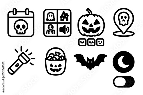 Halloween Festive Widgets outline icon set: spooky countdown, haunted soundboard, pumpkin face customizer, ghost tracker, flashlight toggle, trick-or-treat counter, bat flight
